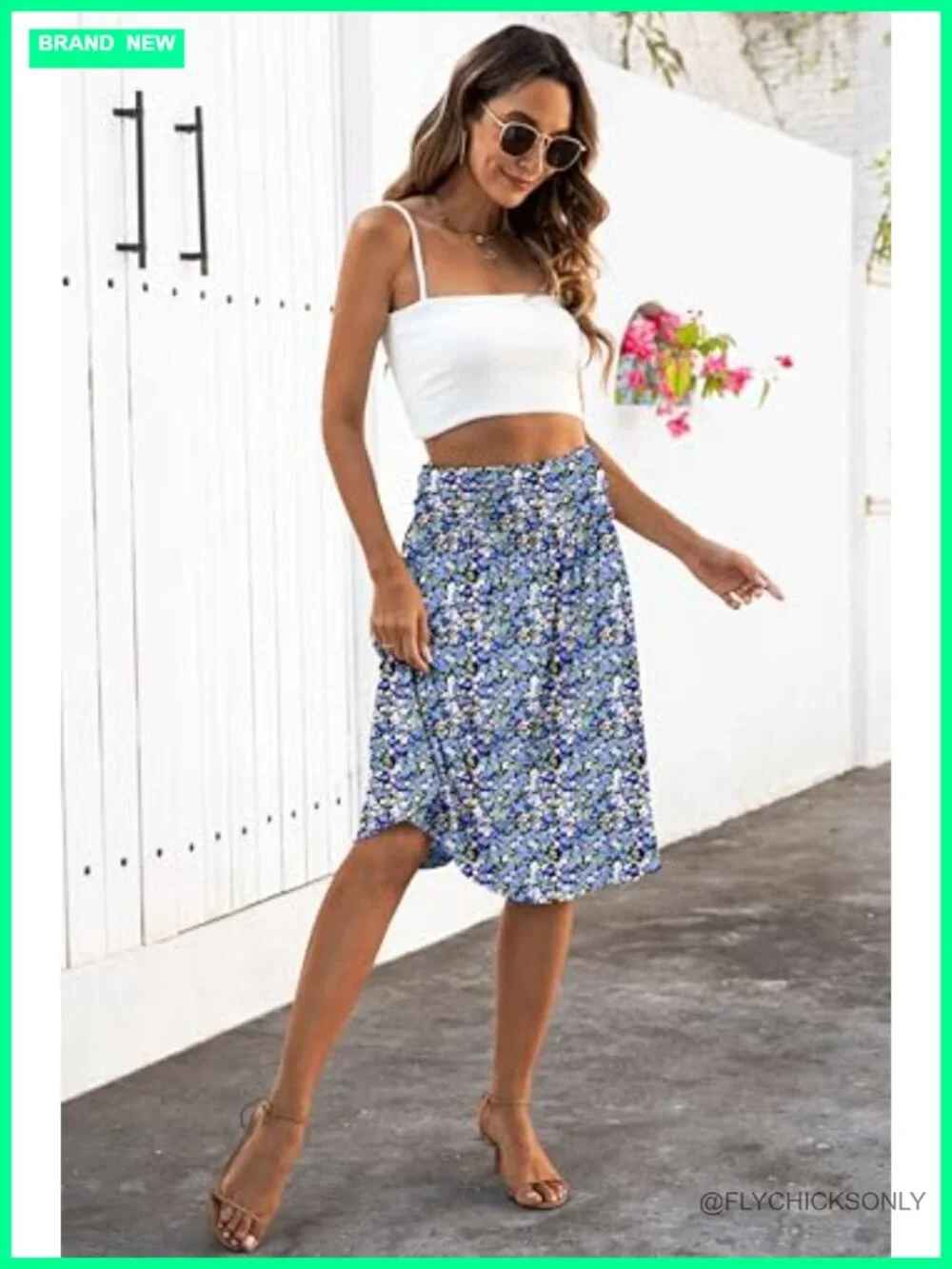 Flowy A-Line Midi Skirt with Pockets Elastic High Waisted Pleated